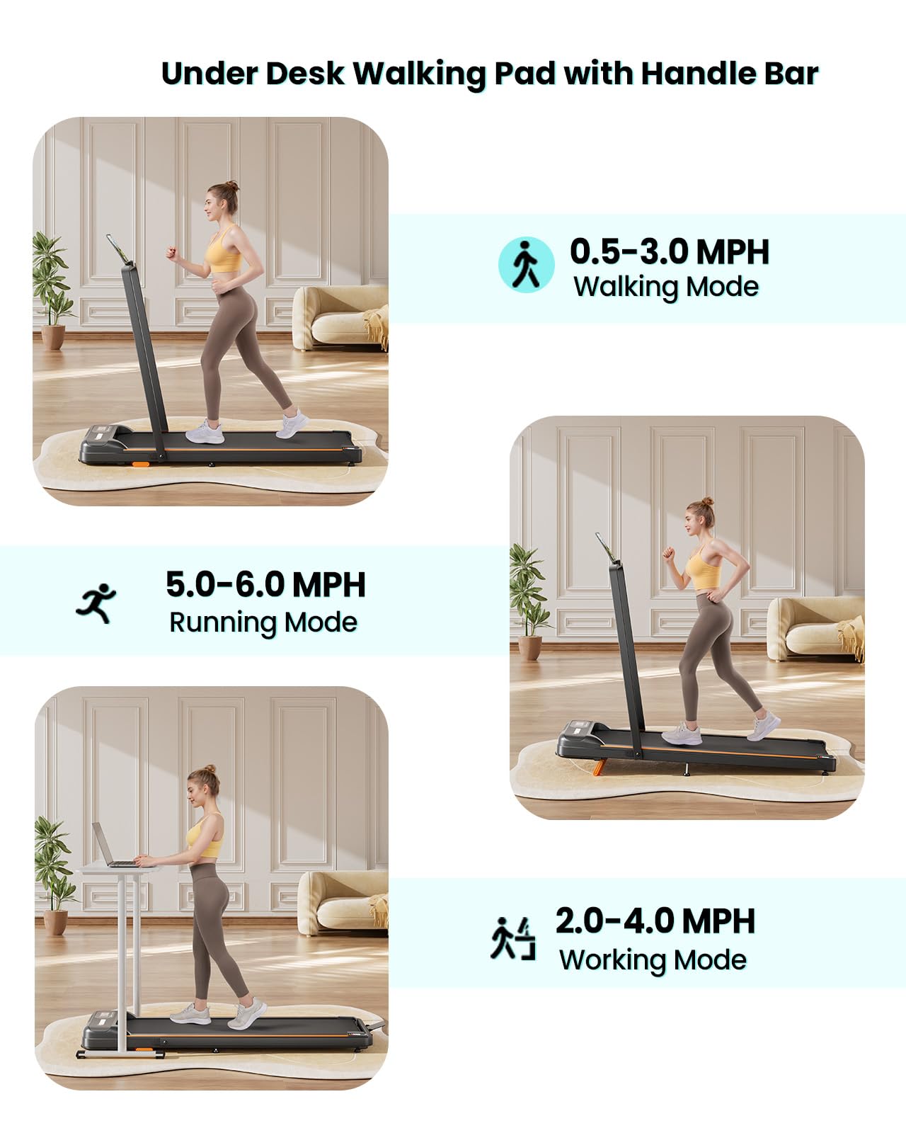 Abonow Portable Walking Pad with Handle Bar for Home & Office, 2 in 1 Under Desk Treadmill with 8% Incline, 2.5HP Small Foldable Compact Treadmills Walking Machine, LED Display, 265 LBS - Black