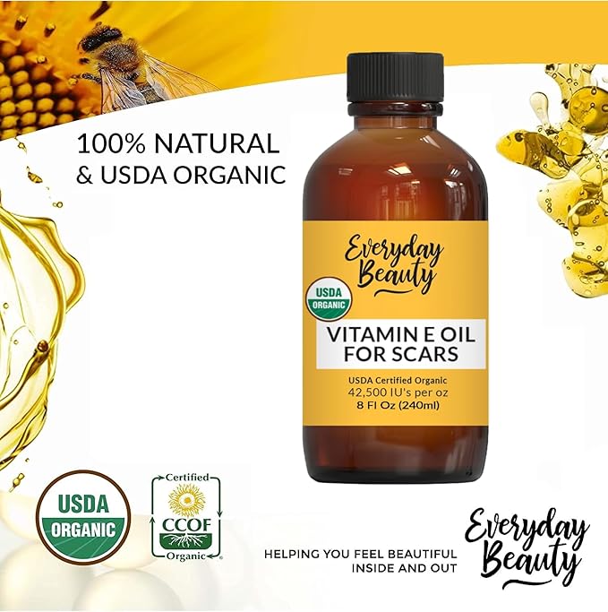 Organic Vitamin E Oil for Scars - All Natural & Vegan Skin Moisturizer 8oz - Light and Unscented Great for Scars After Surgery - Reduce Wrinkles, Anti Aging, Lighten Dark Spots - Face, Skin & All Over