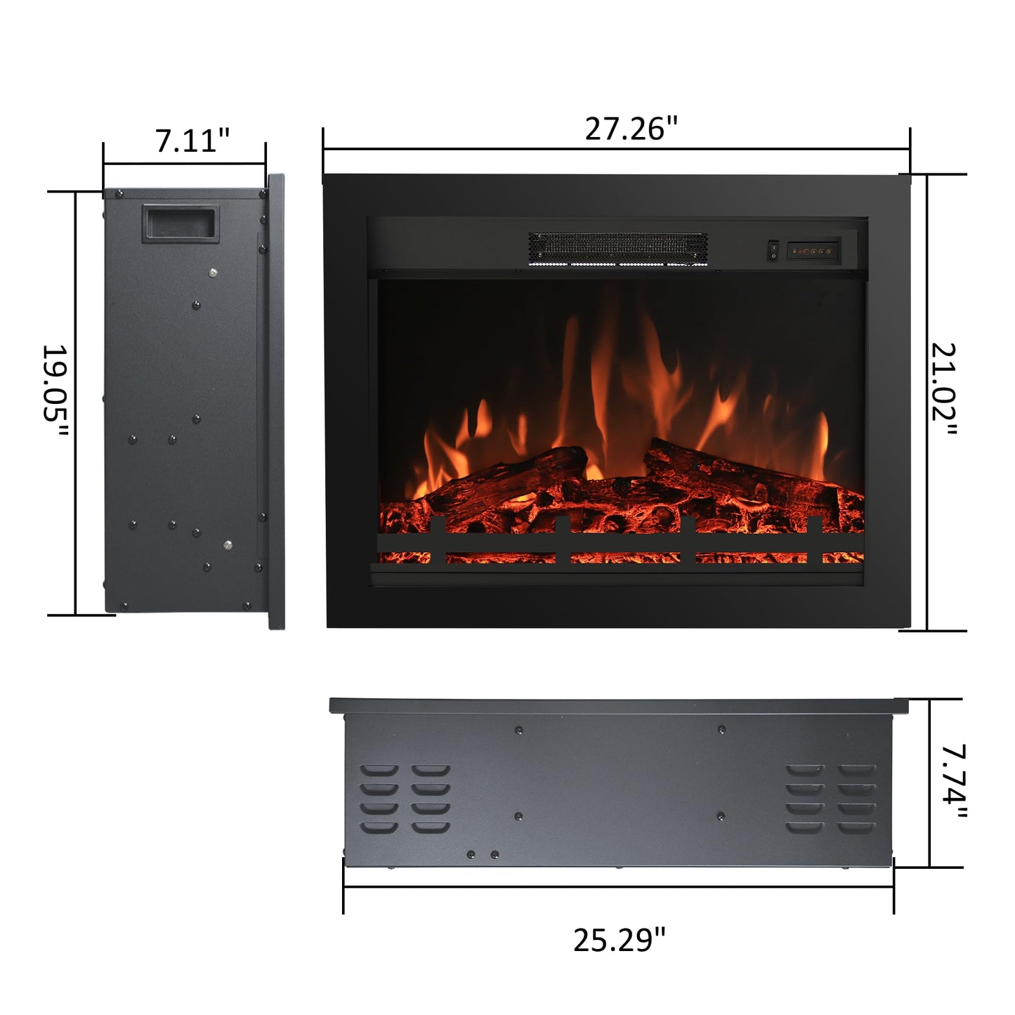 Rodalflame 25.3" Back Width Electric Fireplace Insert with 4 Flames Brightness & 750/1500W, Overheat Protection, No Glass Design