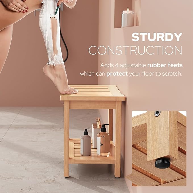 Psilvam Poly Lumber Shower Bench, Shower Stool with Storage Shelf, Water Resistant & Non-Slip Design Shower Seat for Bathroom, Living Room, Bedroom 21 1/4"×14"×18 1/2"（Teak Color）