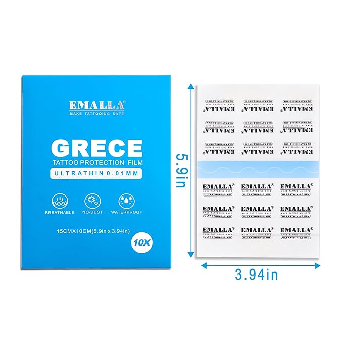 Emalla GRECE Tattoo Aftercare Bandage, 10 Pack Waterproof Second Skin Tattoo Cover Up Tape Patch 6" x 4" Flexible Aftercare Bandage for Healing Skin 0.01mm Protection Film