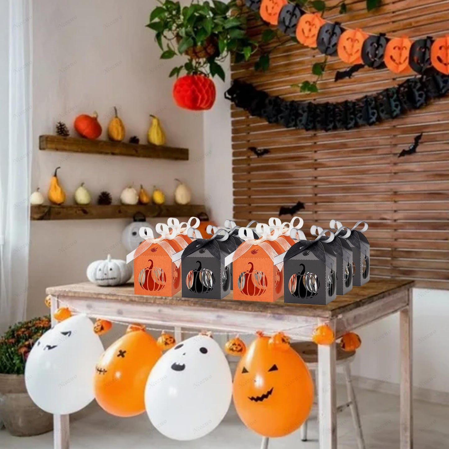 Ncozwo 20 Pcs Halloween Party Treat Boxes Pumpkin Candy Cookies Gift Box Hollowed-out Pumpkin Favor Boxes Hollow Die-Cut Cardboard Chocolate Container for Party Supplies Decorations (Black, Orange)