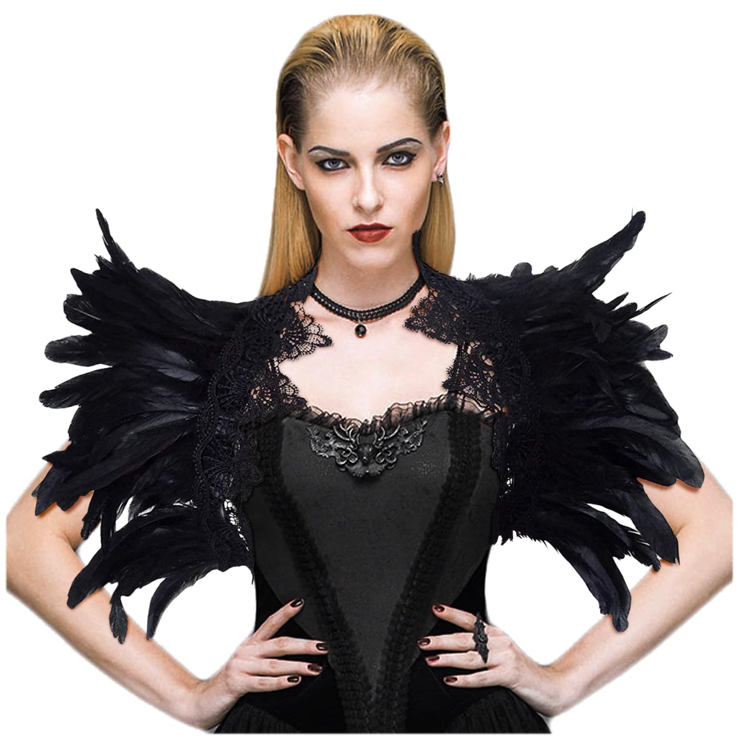 L'VOW Black Feather Shrug Cape Shoulder Wrap Lace Collar Halloween Costumes for Women (Black -001)