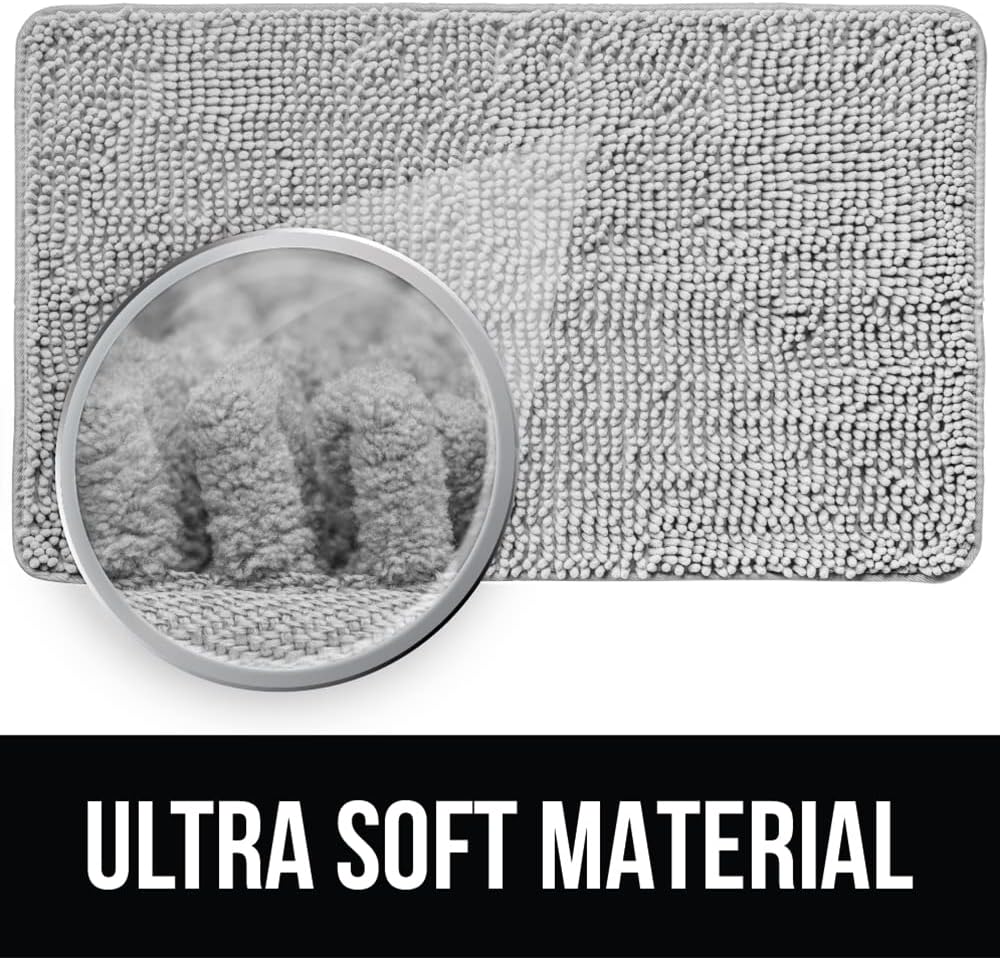 KANGAROO Bathroom Rugs, Chenille Soft Absorbent Bath Rug, Shaggy Shower Mat, Quick Dry Machine Wash Bathmat, Plush Carpet Mats for Tub, Bathtub and Room Home Decor Accessories, 42x24, Light Gray