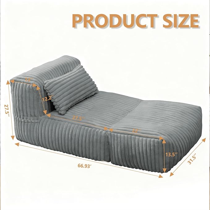 Giant Bean Bag Lounger Sofa with Pillow, Large Beanbag Chair for Adults, Oversized Comfy Beanbag Lazy Floor Sofa, Bean Bag Couch with Memory Foam Filled for Living Room, Bedroom, Gray