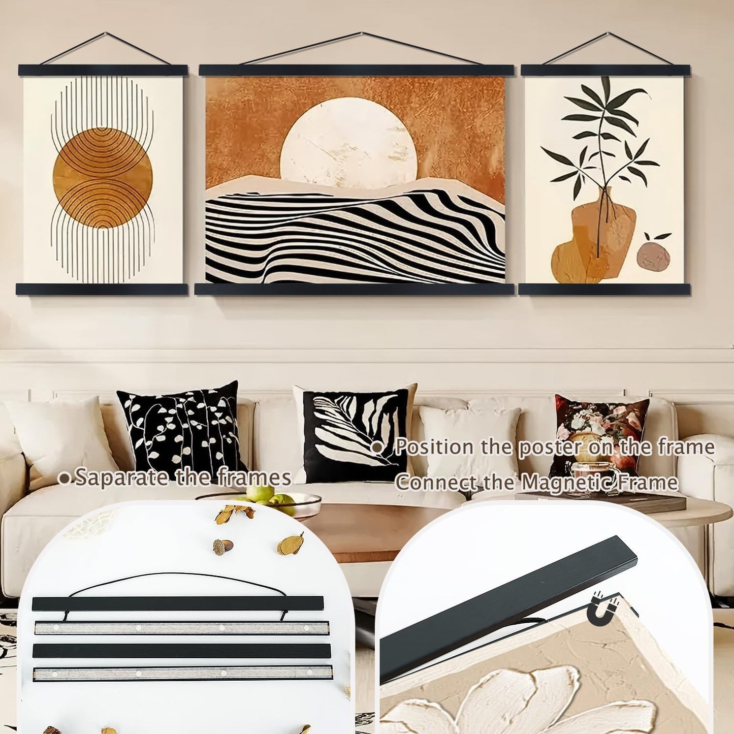 Artmag Magnetic Poster Hanger Frame, 30x40 30x20 30x24 Light Wood Wooden Magnet Canvas Artwork Print Poster Hangers Frames Hanging Kit (Black, 30")