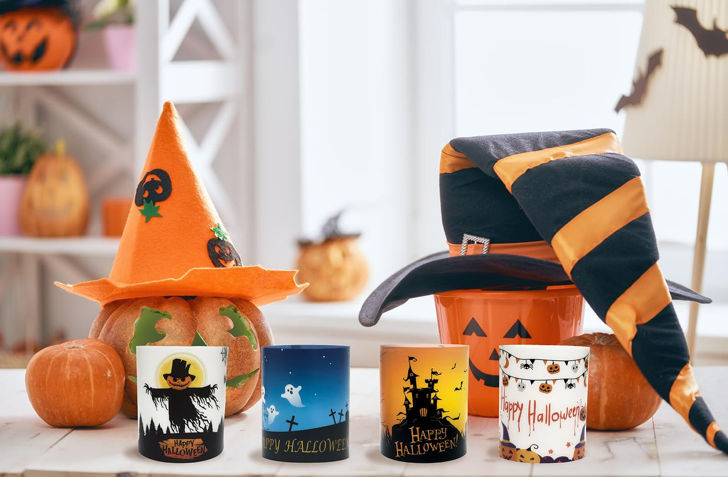 Happy Halloween Table Decor, 8 Sets Halloween Table Centerpiece Decorations, Tea Lights Votive Candles Holders for Tabletop, Candle Sleeve Shade Cover for Home, Room, Indoor, Office Use