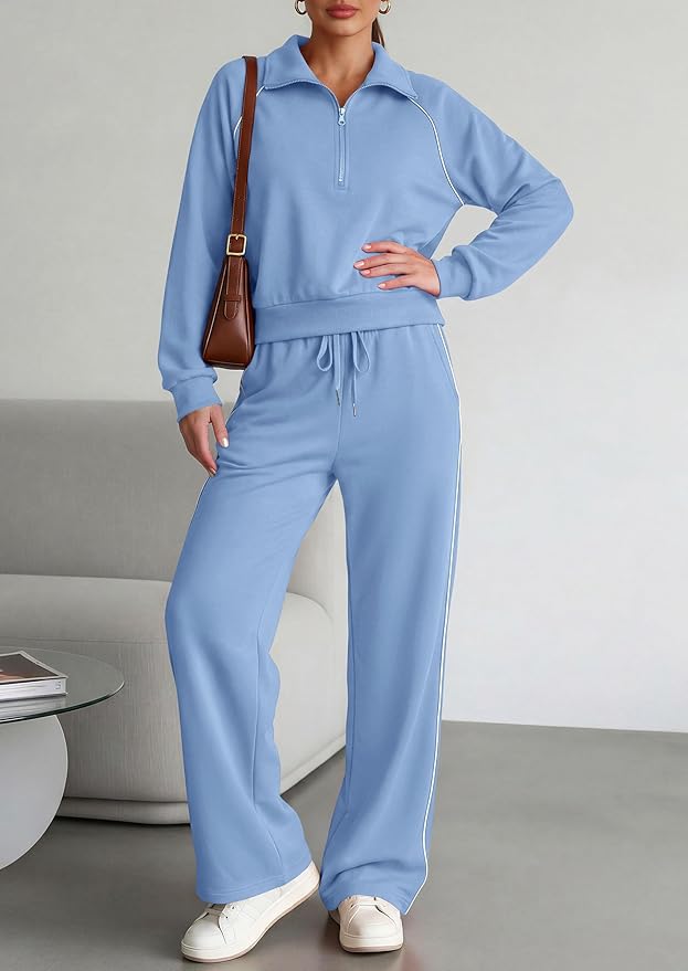 PRETTYGARDEN Women's 2 Piece Outfits Casual Lapel Half Zip Sweatshirts and Wide Leg Pants Tracksuit Sets