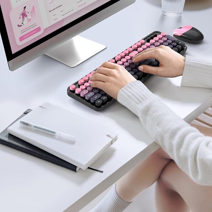 Wireless Keyboard and Mouse Combo, Retro Typewriter Keyboard with Round Keycaps, Full-Size Ergonomic, Ideal for Windows PC, Home, Office, College