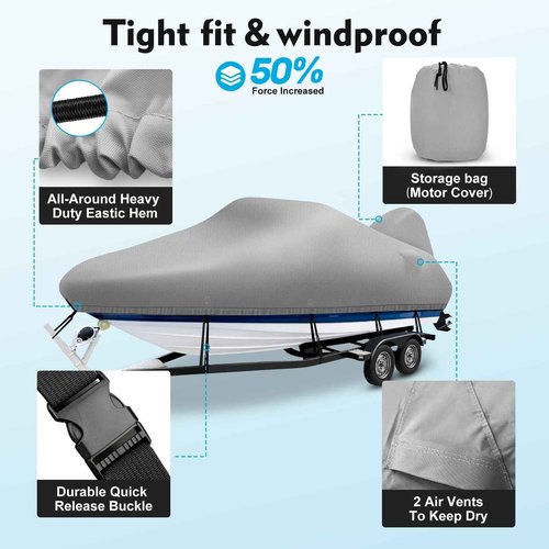 Boatpro 1200D Waterproof Boat Cover with Motor Cover,Solution-Dye Marine Canvas Trailerable Boat Cover 16-18.5ft for 16 feet 17ft 18' Foot V-Hull Bass Boat Tri-Hull Runabout Boat, Gray