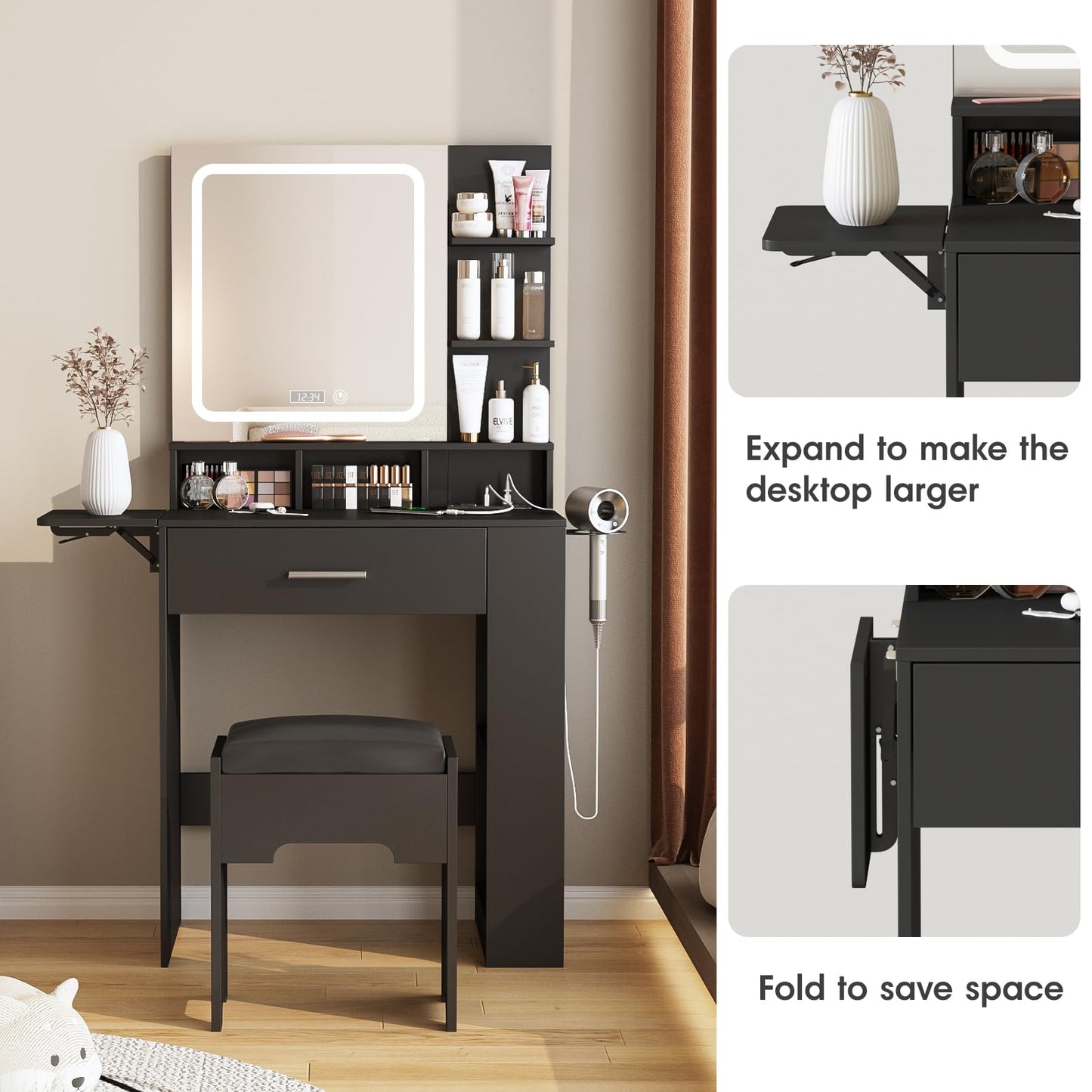 Fameill Vanity Desk with Mirror and Lights, Small Makeup Vanity with Drawer & Lots Storage Shelves, Black Dresser Table with Charging Station & Time Display, Vanity Set with Chair, for Bedroom