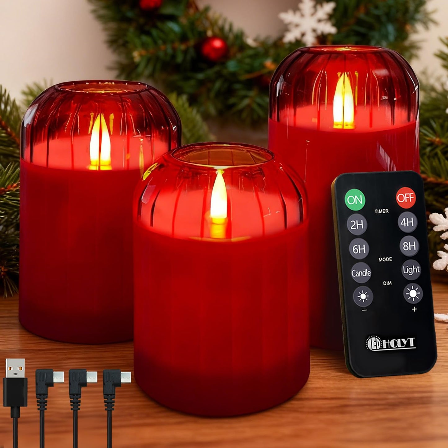 LEDHOLYT Rechargeable Flameless Candle, Flashing LED Pillar Real Wax Candle with Remote Control and Timer, Red Glass Electronic Candles for Room Decoration, 1 Set of 3