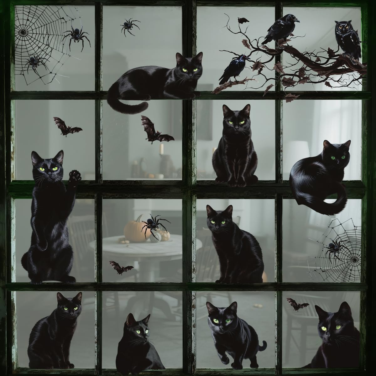 ALKB Halloween Window Clings Stickers - Halloween Window Decorations with Scary Spider Web Black Bat & Cat, Reuseable Double Sided Halloweens Static Clings for Home Decals