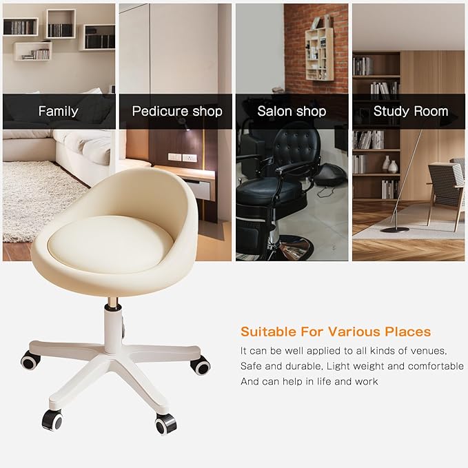 Walktory Round Rolling Stool with PU Leather Low Backrest, Hydraulic Height-Adjustable Swivel Chair for Spa, Salon, Tattoo, Massage, or Medical Office
