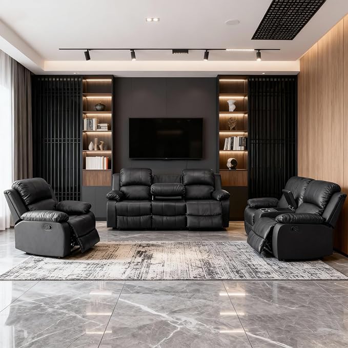 Saxum Tegmen Living Room Furniture Sets, 3 Pieces Sectional Leather Couch Set, Adjustable Recliner Sofa Sets for Living Room/Office (Chair, Loveseat & Sofa, Black)