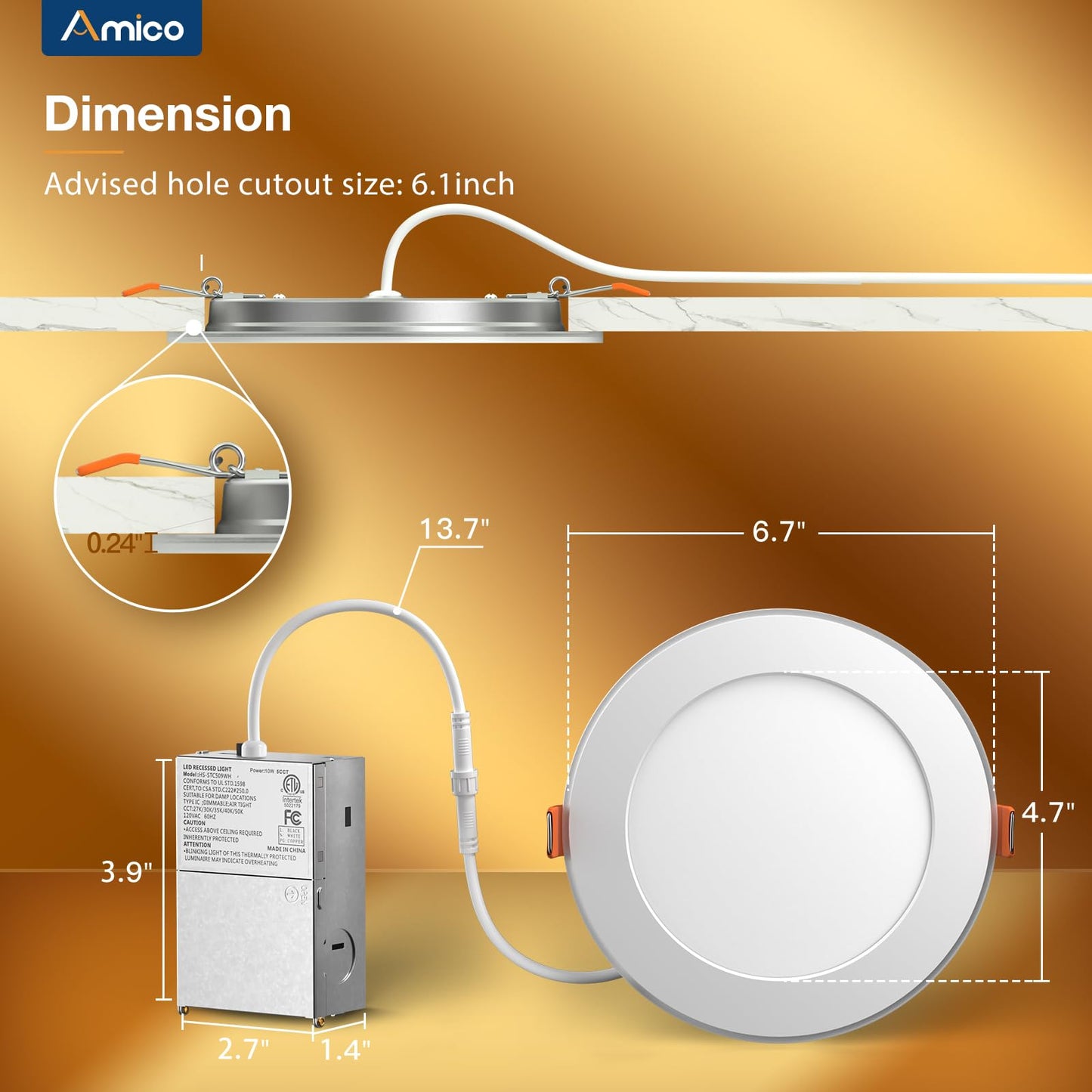 Amico 4 Pack 6 Inch 5CCT LED Recessed Ceiling Light with Night Light, 2700K/3000K/3500K/4000K/5000K Selectable Ultra-Thin Recessed Lighting, 12W=110W, 1100LM, Dimmable Canless Wafer Downlight ETL&FCC