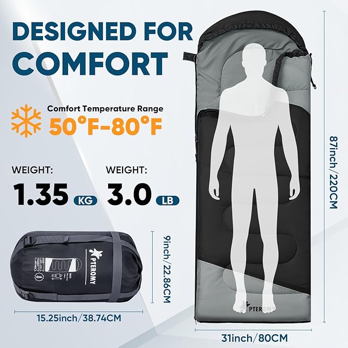 PTEROMY Sleeping Bags for Adults, Lightweight and Machine Washable, Water Resistant Backpacking Camping Sleeping Bag for Warm Cold Weather, Camping Essentials for Hiking Travel