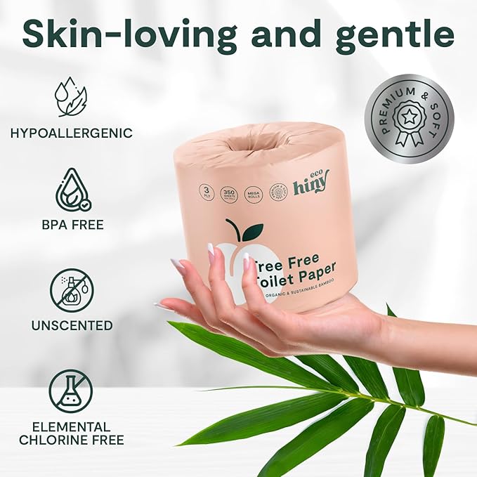 ecoHiny Premium & Soft Bamboo Toilet Paper | PFAS Free | 24 Mega Rolls, 3 ply & 350 Sheets | Non Toxic, FSC Certified, Septic Safe, BPA Free | Tree Free Toilet Tissue | Plastic Free Packaging