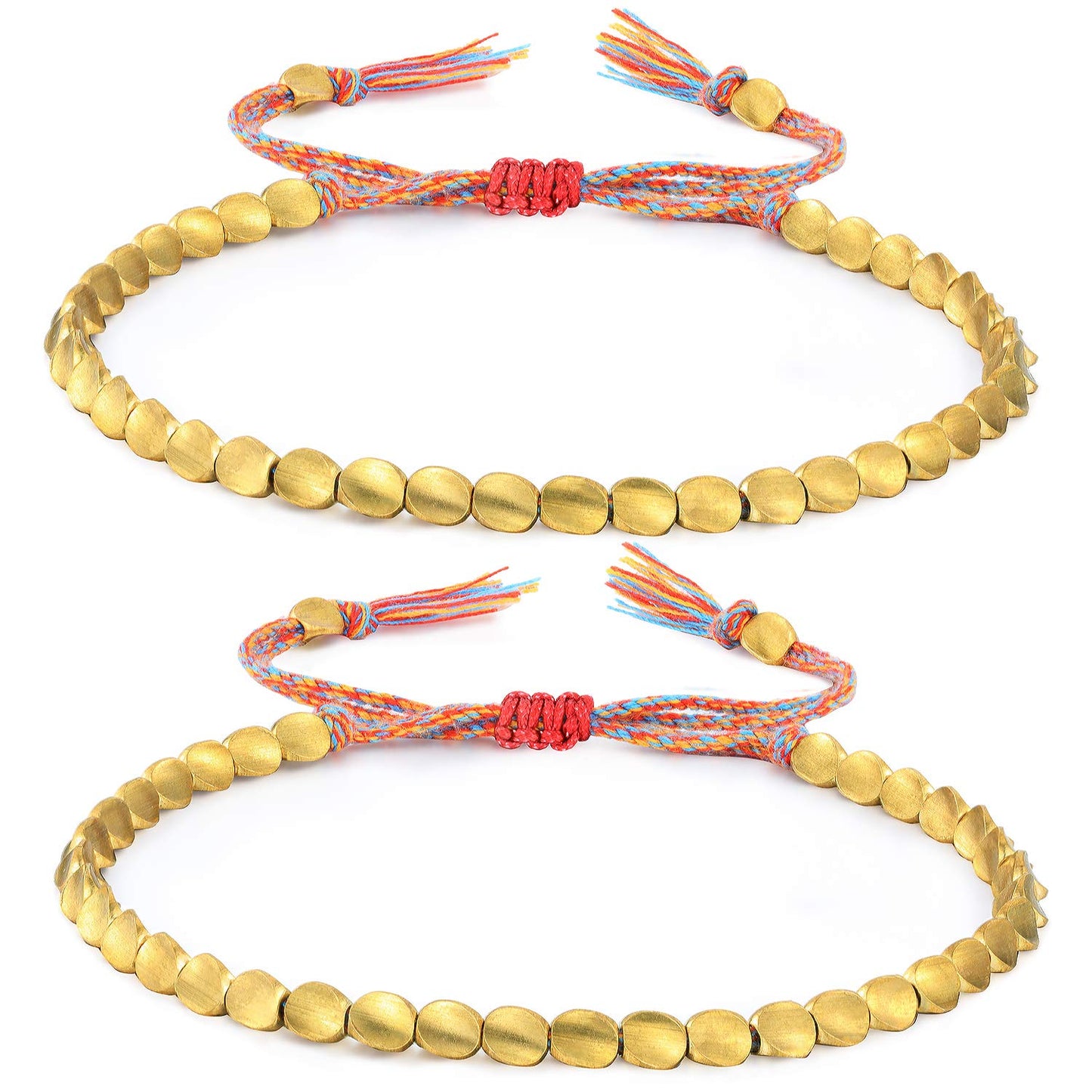 Hicarer 2 Pieces Tibetan Copper Bead Bracelets Handmade Braided Bracelets Adjustable Colorful Thread Beaded Bracelet (Trilateral
