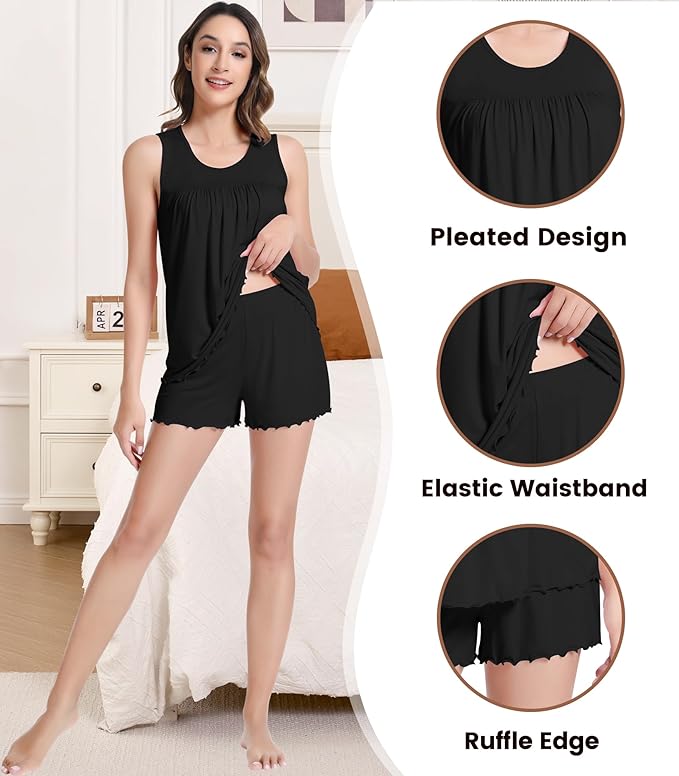 NACHILA Pajamas for Women-Viscose from Bamboo, Ribbed Racerback Tank Top Sexy Split Shorts Pajama Sets Cooling Sleep Cami Pjs