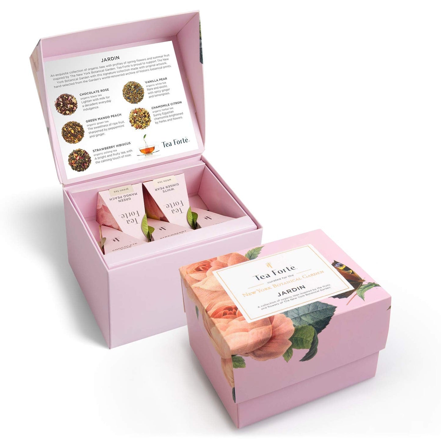 Tea Forte Jardin 3-Piece Premium Tea Gift Set with Rose Pink Cafe Cup with Lid, Tea Tray and 10 Assorted 2 of Each Variety Organic Handcrafted Pyramid Infuser Tea Bags
