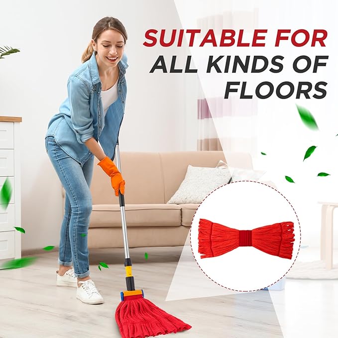 Hushee 12 Pack Large Microfiber Tube Mop Heads 18 oz Heavy Duty Commercial Industrial Wet Mop Head Refill Reusable Machine Washable Looped End Mopheads for Hardwood, Tile, Laminate Floors (Red)