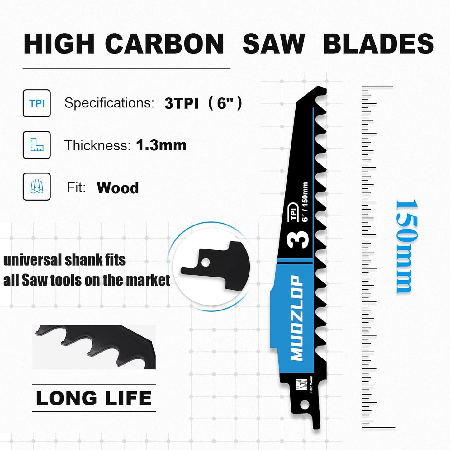 5 Pack 6 inch Reciprocating Saw Blades Set，3 TPI High Carbon Saw Blades for Wood Cutting，Saw Blades with Organizer Case (5, 3T/6inch)