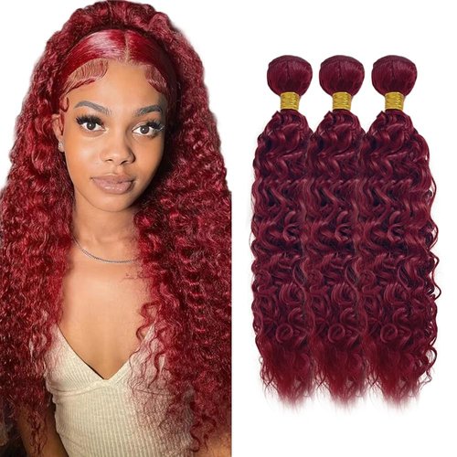 Fabimiya Human Hair Bundles Burgundy 99J Water Wave 14 16 18 Inch Bundles Human Hair 100% Unprocessed Burgundy Soft Sewn In Hair with Double Weft for Black Women