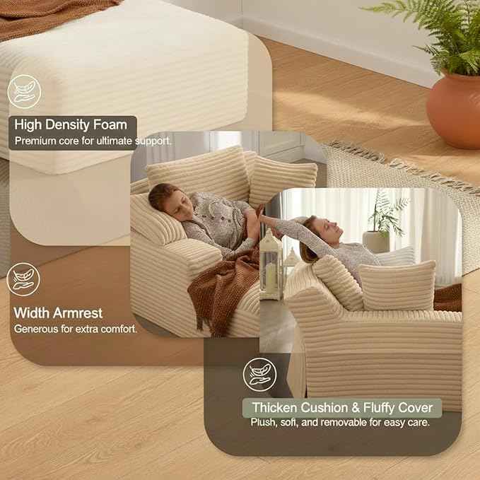 Alpen 66" Oversized Chaise Lounge, Boneless Couch Indoor, Corduroy Couch Boneless Sofa Chair for Reading with Wide Armrest and 3 Throw Pillows, No Assembly Required, Beige
