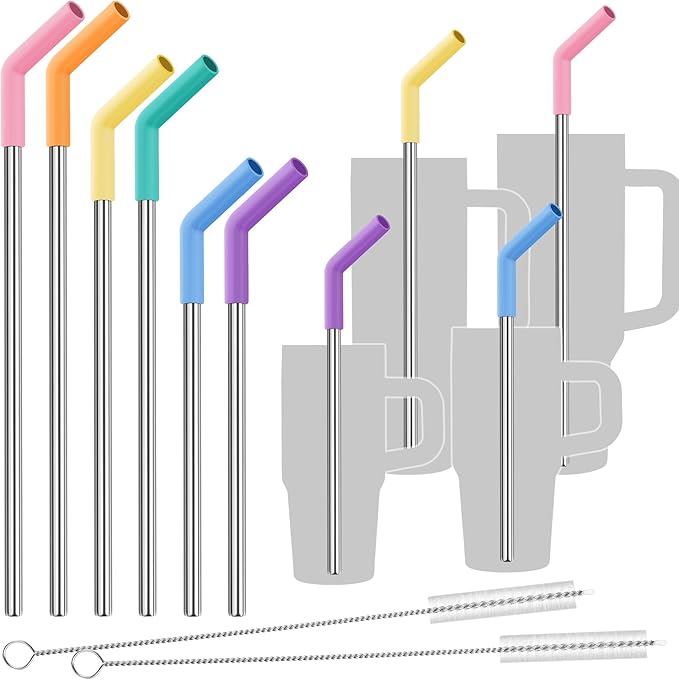 Tomorotec 6-Pack Stainless Steel Drinking Straw with 6 Silicone Tips, 3 Sizes Metal Reusable Straws Fit for Stanley Quencher Tumblers 40oz, 30oz, 20oz, 14oz, with 2 Cleaning Brushes