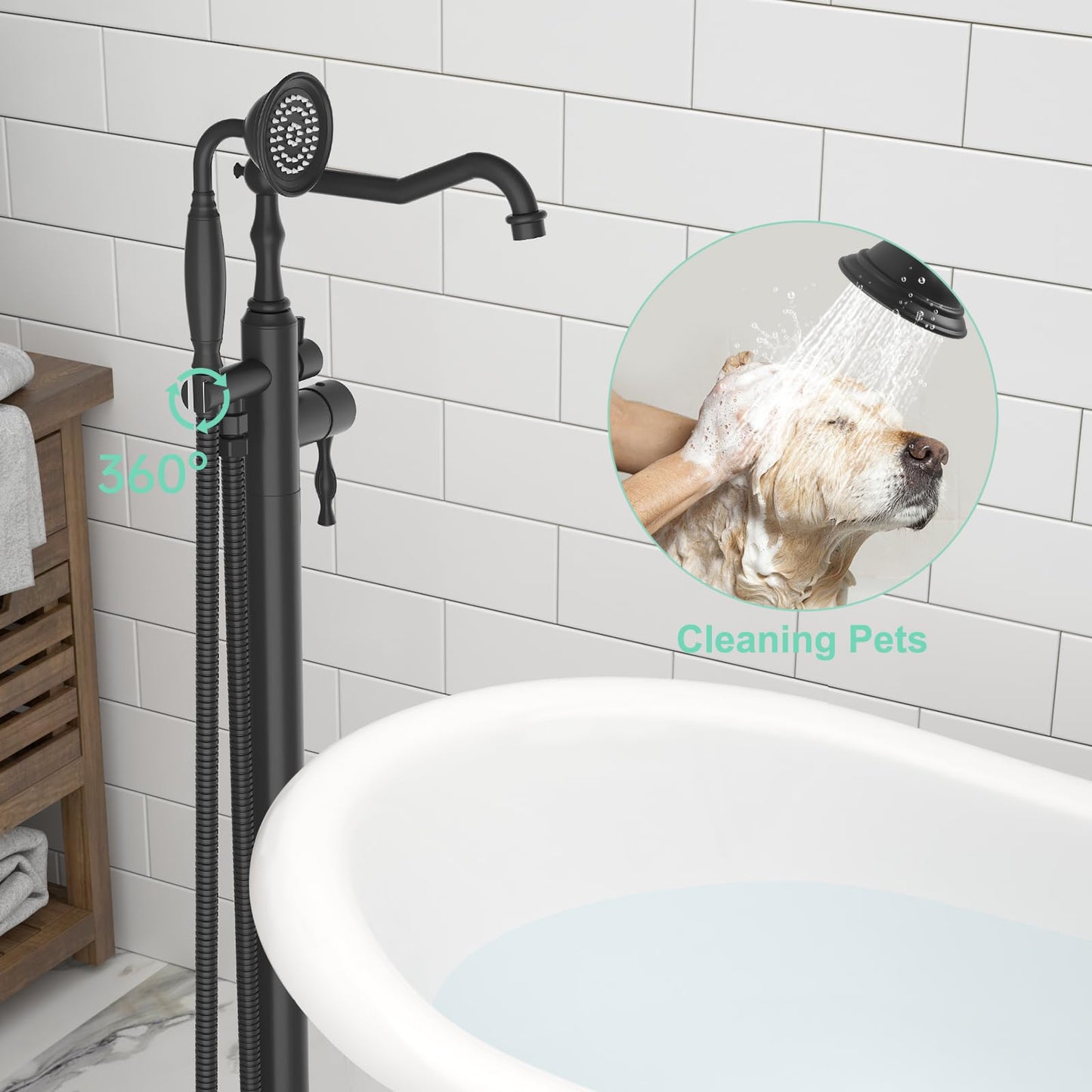 Hoimpro Free Standing Tub Faucet Freestanding Tub Filler Bathtub Faucet Stand Alone Floor Mounted Bathtub Faucet Set Handheld Sprayer Brass Matte Black