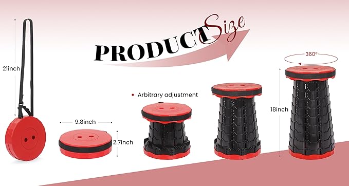 FXKS 2 Pack Portable Telescoping Stools Collapsible Stool with Cushion,Retractable Foldingstool Max Load Capacity 400lbs, Portable Collapsible Stools for Camping Hiking Outdoor BBQ Black-Red