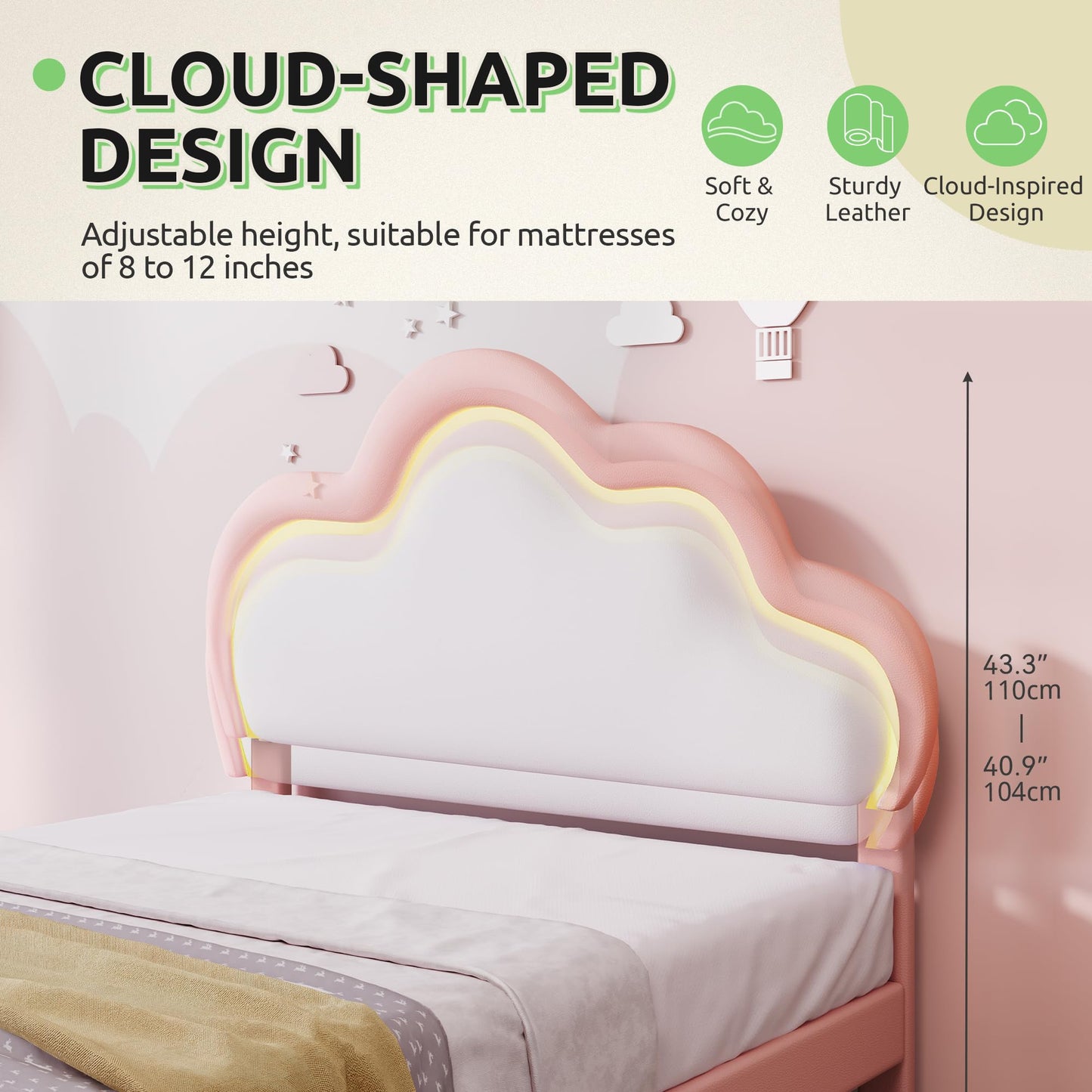 GOOBED Twin Size Bed Frame, Upholstered LED Bed Frame with Adjustable Cloud Headboard, Platform Bed Frame with Wooden Slats Support, No Box Spring Required, Easy Assembly, Pink