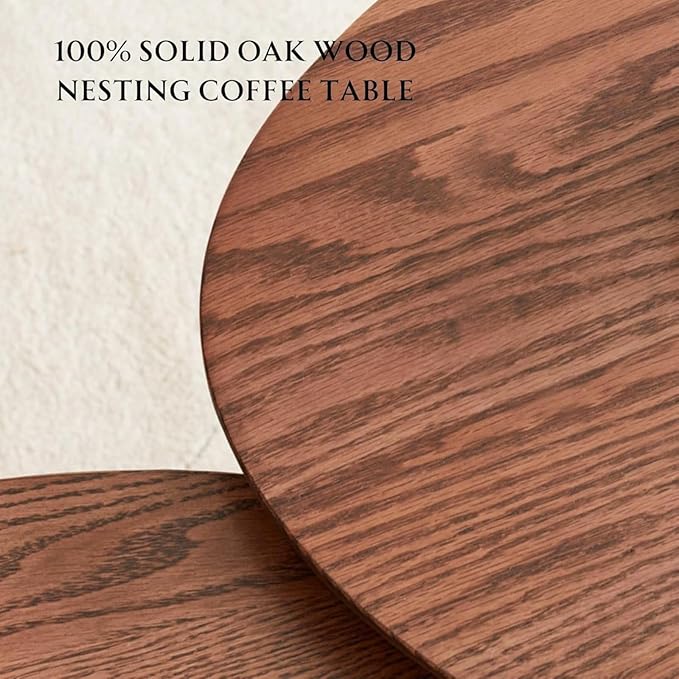 Wayshome 100% Solid Oak Wood Nesting Coffee Table,Mid Century Modern Oval Coffee Tables Set, Round Tables for Living Room, Pebble Side Table for Balcony (Walnut, Combine)