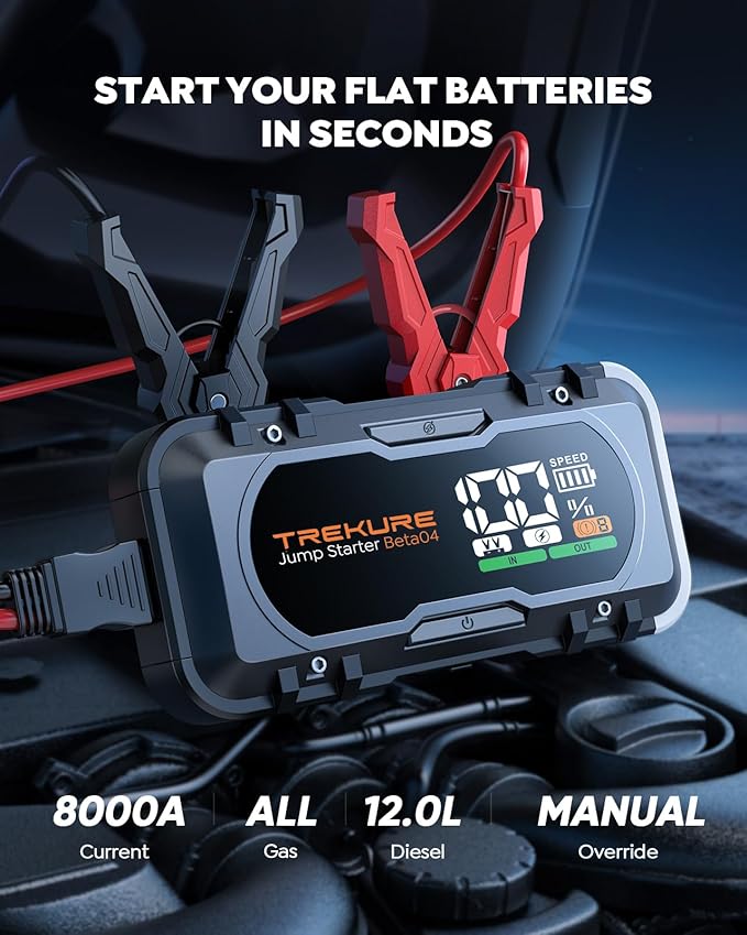 TREKURE 8-in-1 Car Battery Jump Starter 8000A Peak 65W Fast Charging Portable Car Battery Jumper Starter Portable (All Gas/10L Diesel) Jump Box with Extended Jumper Cables