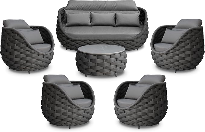 Erotr 6 Pieces Rope Patio Furniture Set: Aluminum Outdoor Couch Set Cushioned - Assembled Porch Conversation Sofa Set Modern - Metal Patio Seating for 7 Person Deck Garden Poolside Hotel, Dark Gray