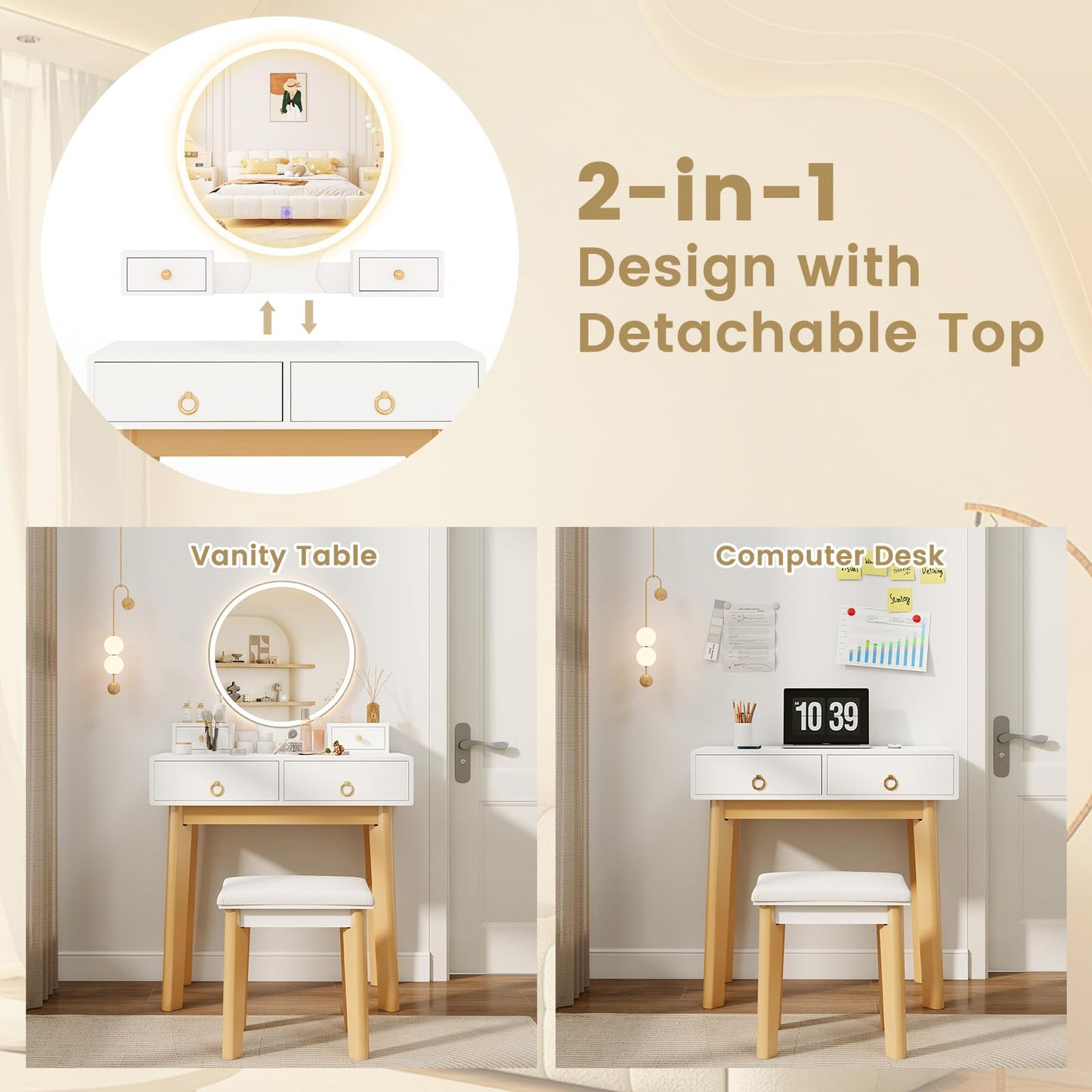 COSTWAY Vanity Table Set with LED Lighted Mirror, Makeup Dressing Table Set with 3 Color Lighting Modes & Adjustable Brightness, Vanity Desk with Cushioned Stool for Women, Girls, White
