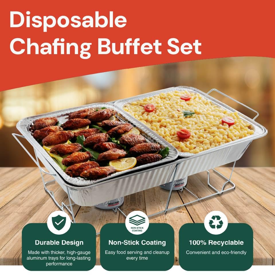 Disposable Chafing Dish Buffet Set - Large Full Size (33 pcs) – Catering Food Warmers with Half-Sized Serving Pans, Covers, Racks, Utensils & Fuel Cans - Perfect for Buffets, Parties & Food Serving