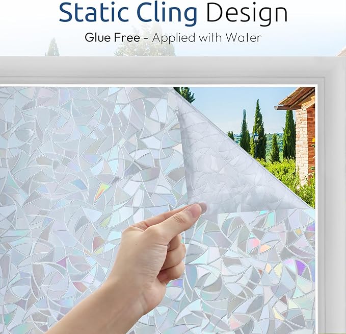 rabbitgoo Window Privacy Film Rainbow Film Decorative Window Sticker, 3D Static Stained Glass Cling Tint for Home Heat Control Non-Adhesive, Grayish Silver, 23.6 x 157.4 inches