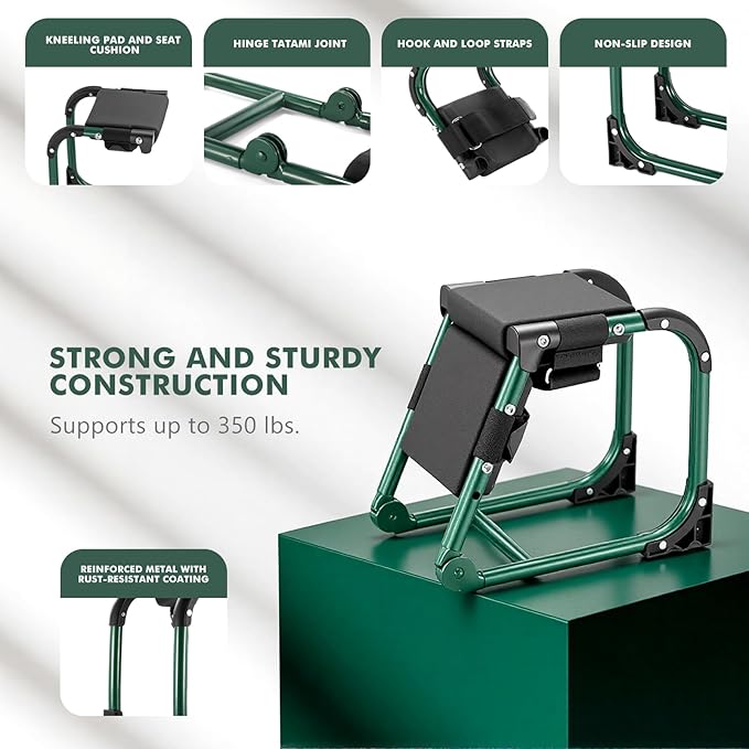 Tcoivs Ergonomic Knee Seat, Foldable 2-in-1 Garden Kneeler and Seat, with Adjustable Kneeling Pad and Soft Seat Cushion, Supports Up to 350 LBS