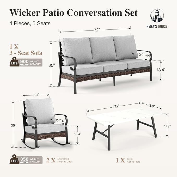 HERA'S HOUSE 4 Piece Metal Patio Furniture Set, All Weather Outdoor Conversation Set with 3 Seat Sofa, 2 Rocking Chairs & Coffee Table, Seats 5 for Backyard, Garden, Deck, Light Grey