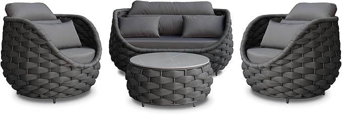 Erotr Aluminum Patio Furniture Set of 4: Woven Rope Outdoor Conversation Sofa Set Assembled - Modern Cushioned Armchair Couch Set for 660lbs Porch Deck Backyard Poolside Drawing Room Hotel, Dark Gray