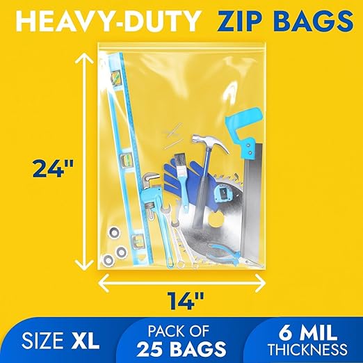 14" x 24" Large Zip Seal Lock Bags, 6 Mil (Pack of 25) – Heavy-Duty Reclosable Plastic Bags – Clear, Resealable, Waterproof – For Storing and Organizing Clothes, Jewelry, and Travel Items