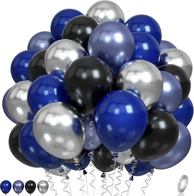 Blue and Black Balloons, Navy Blue and Silver Balloons Metallic Silver Dark Blue Balloon Party Latex Balloon Black Blue Ba...