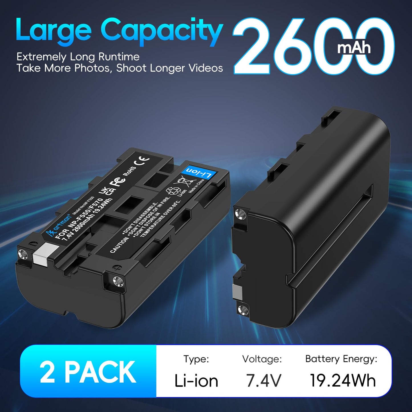 Artman NP-F550 Battery 2-Pack and Wall Charger for Sony NP F550, F530, F970, F960, F770, F750, F330, CCD-SC55, TR516, TR716, TR818, TR910, TR917 Camera, CN-160, CN-216 LED Video Light (2600 mAh)