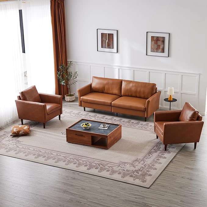 Kingfun Living Room Furniture Sets, 3 Seater Sofa, Armcahir and Armcahir, Mid Century Modern Sofa Set, Faux Leather Couch with Solid Wood Frame for Living Room & Bedroom, Chestnut