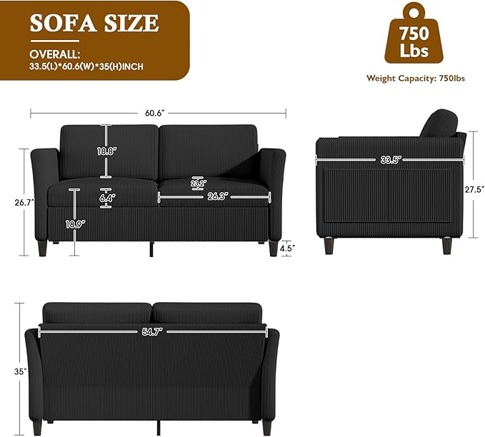Valthie 60.6" Small Corduroy Loveseat Sofa, Mid-Century Modern 2-Seater Couch with Side Pockets for Small Spaces, Black – Perfect for Living Room, Bedroom, Office & Apartment