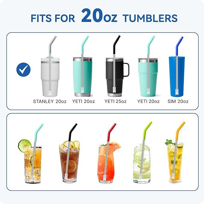 Reusable Metal Straws with Silicone Tip for Stanley 20oz,Stainless Steel Drinking Straws for 20oz Tumbler,3 Straight Tubes & 6 Tips& 1 Cleanr Brush(Ash)