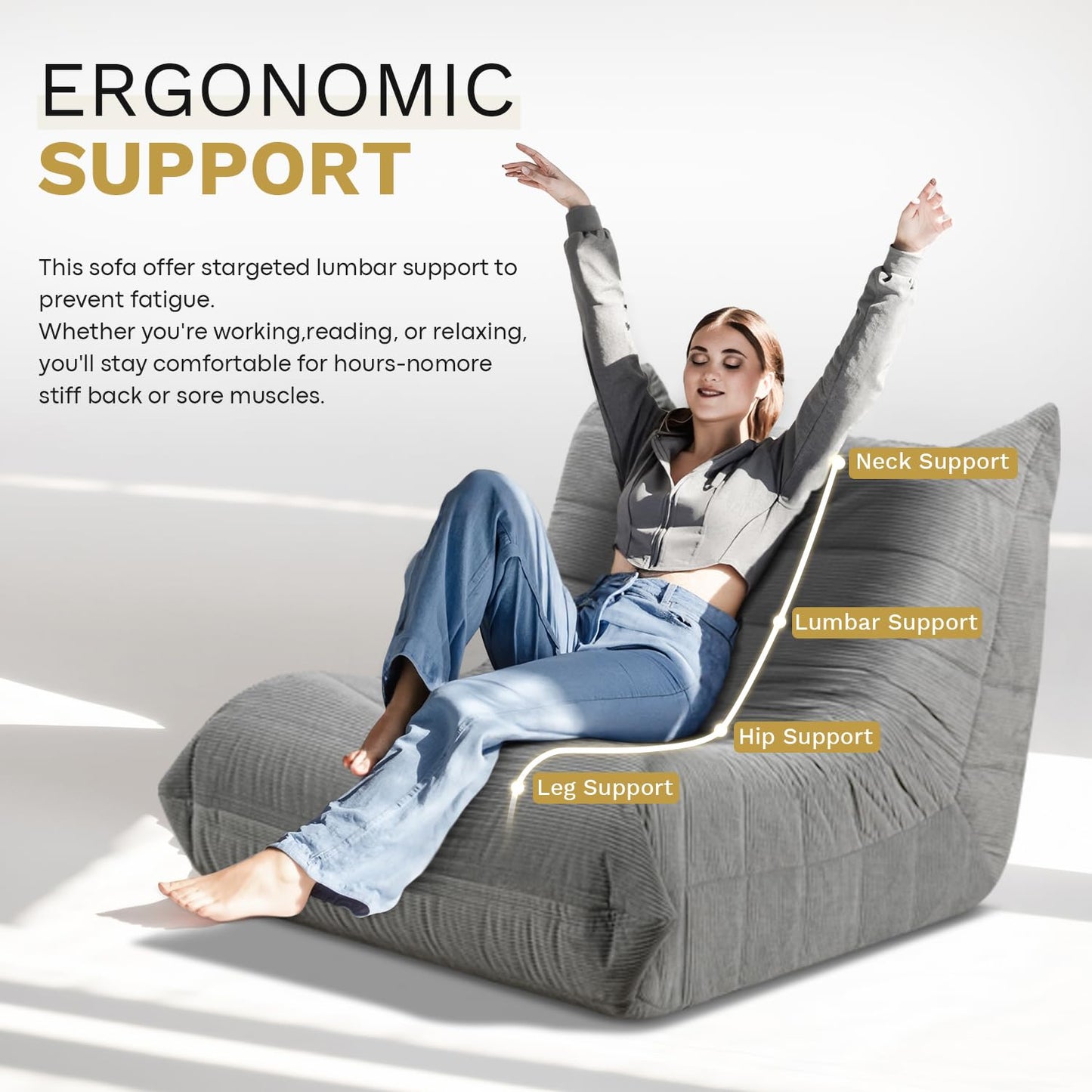 Hsundries Bean Bag Chairs for Adults, Memory Foam Couch Sofa Chair,One-Piece Foam Padding,Cozy Corduroy Material Bean Bag Chair,Bean Bag Sofa for Reading in Bedroom Living Room and Dorms，Gray