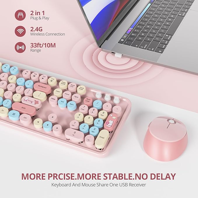 Owpkeenthy Pink Keyboard and Mouse Wireless, Cute Colorful Typewriter Keyboard Full-Sized with Number Pad Round Keycaps for Desktop, Laptop and Computer(Coloful Pink)